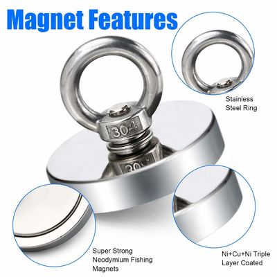 120KG Pull Recovery Neodymium Αλιευτικός Μαγνήτης με ακριβή ανοχή /-1% και σχοινί Eyebolt