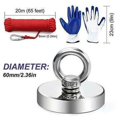 120KG Pull Recovery Neodymium Αλιευτικός Μαγνήτης με ακριβή ανοχή /-1% και σχοινί Eyebolt